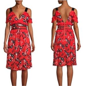 Haute Rogue Red & Black Cold Shoulder Floral Midi Dress Sz. L NWT!